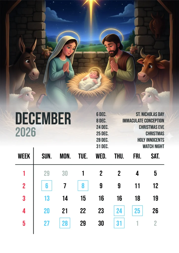 Christian Calendar 2026 December