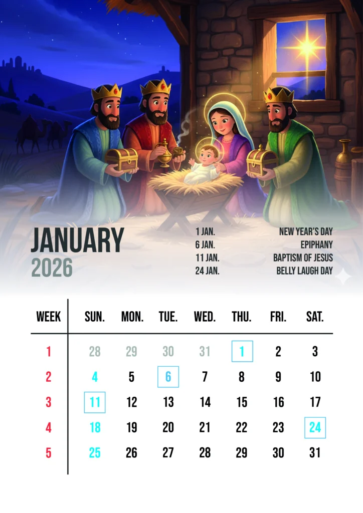 Christian Calendar 2026 January